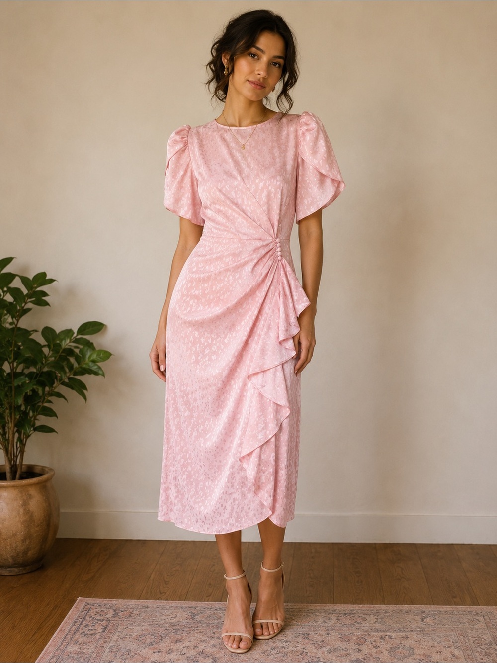 VINTAGE New Raves Pink Satin Jacquard Wrap Dress M Leopard